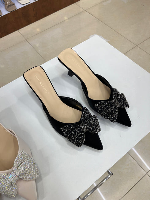 Rhinestone Embedded Bow Close Toe Heel